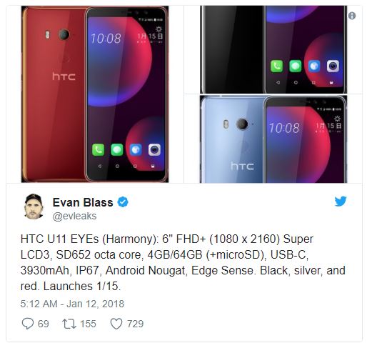 Rumor aponta “HTC U11 EYEs” com tela de 6 polegadas e 4GB de RAM