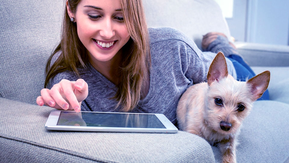 a woman with dog fiddling with her tablet