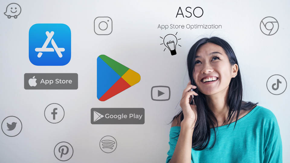 woman with a phone to her ear and several application icons