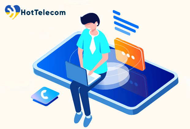 a cartoon of a doll sitting on a smartphone and the HotTelecom logo