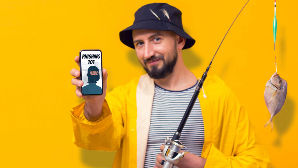a fisherman showing his smartphone with phishing 101