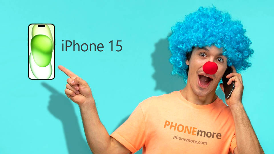a clown pointing his finger at an iphone 15