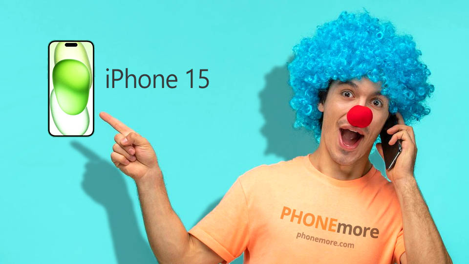 un payaso apuntando con el dedo a un iphone 15