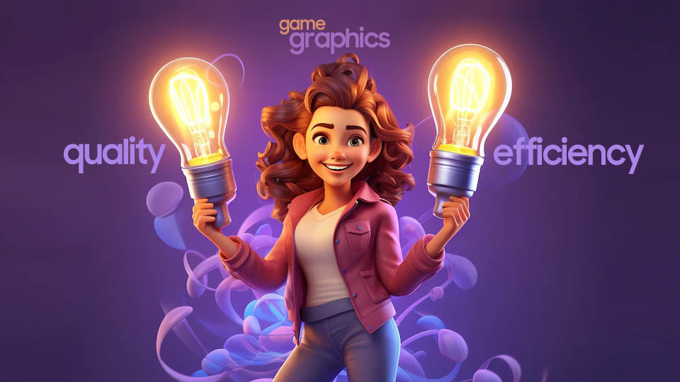 3D girl holding two light bulbs on comparing game graphics quality and efficiency