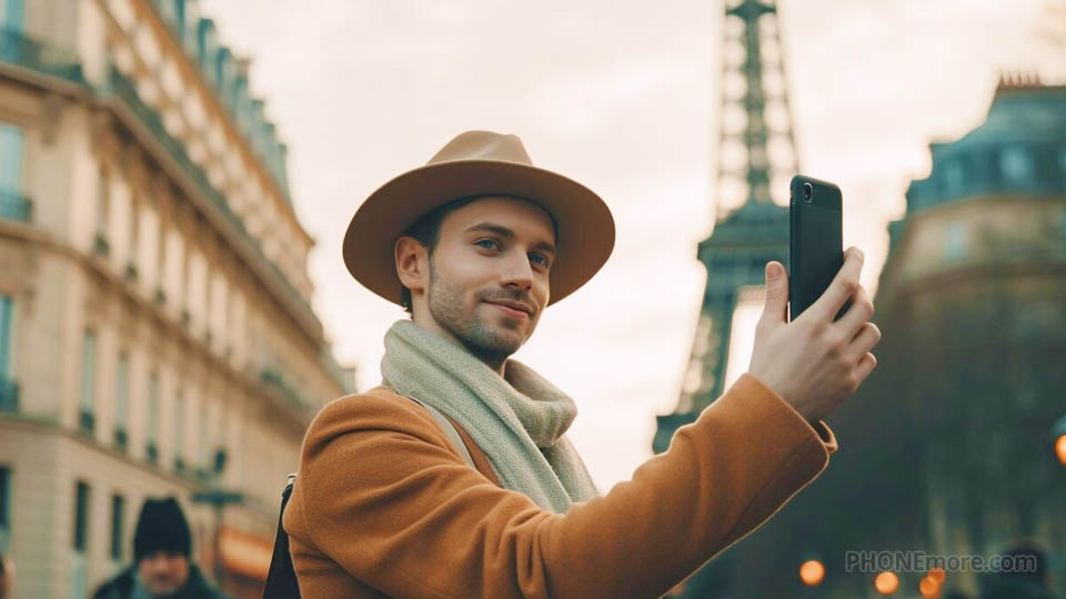 un homme avec un chapeau tenant un smartphone à paris