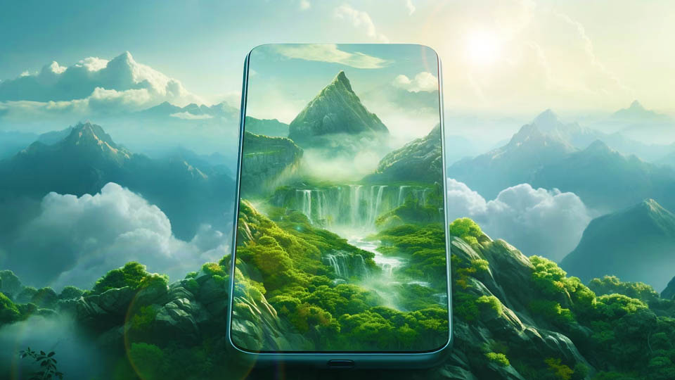 a giant smartphone over green nature