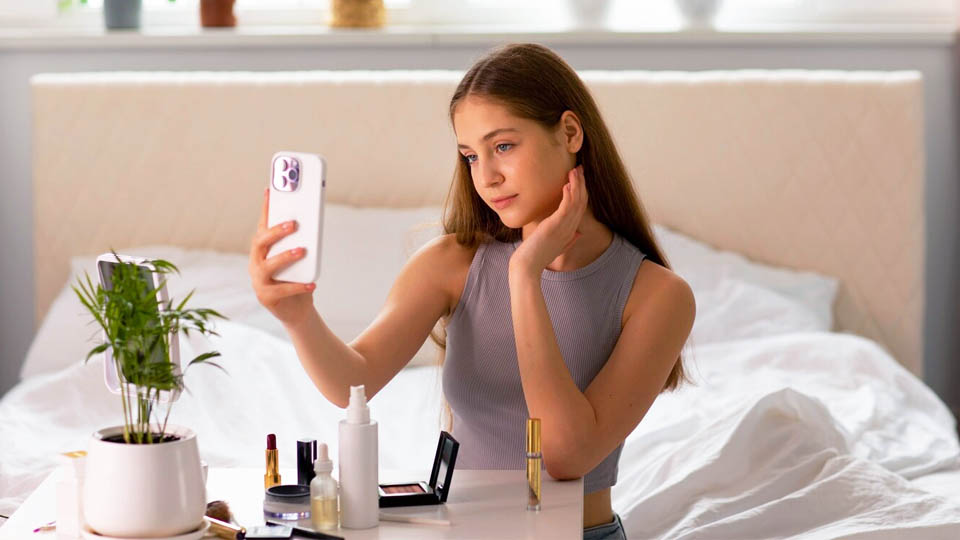 mujer sentada sosteniendo un teléfono inteligente y productos de belleza sobre la mesa