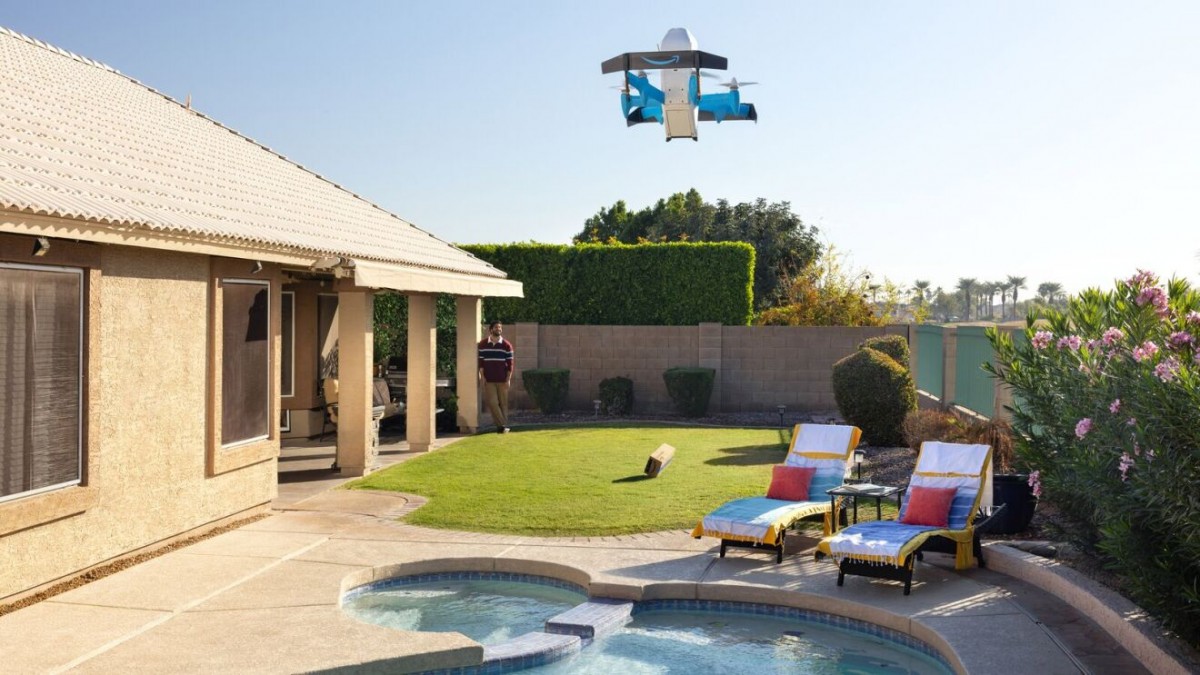 an Amazon drone flying over a house's backyard