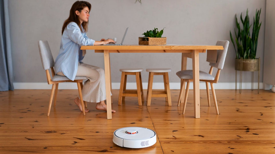 femme assise à une table avec son ordinateur portable et son aspirateur robot au sol