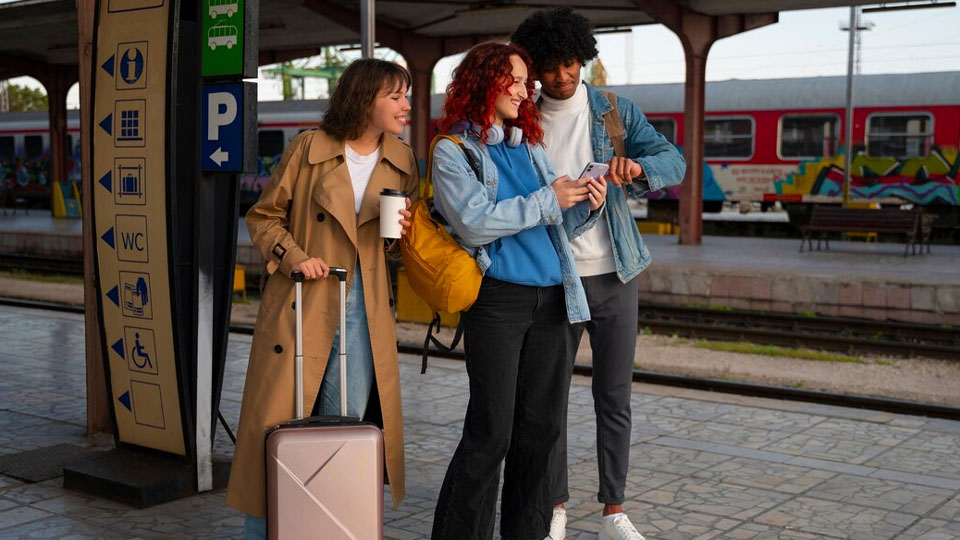 3 young people traveling at a train station looking at something on their smartphone