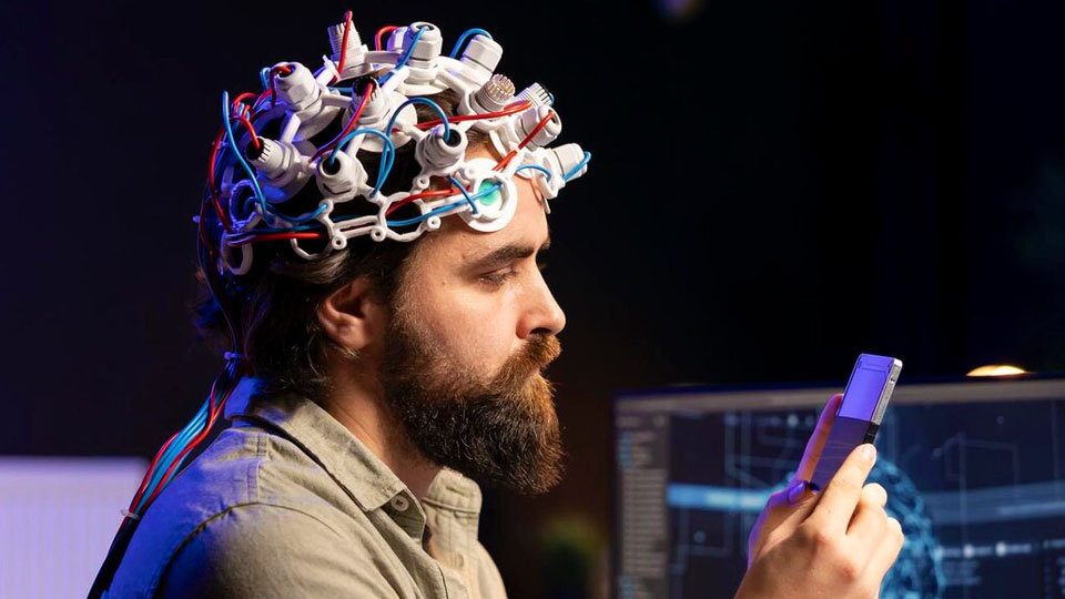 a man with electrodes attached to his head looking at and holding a smartphone