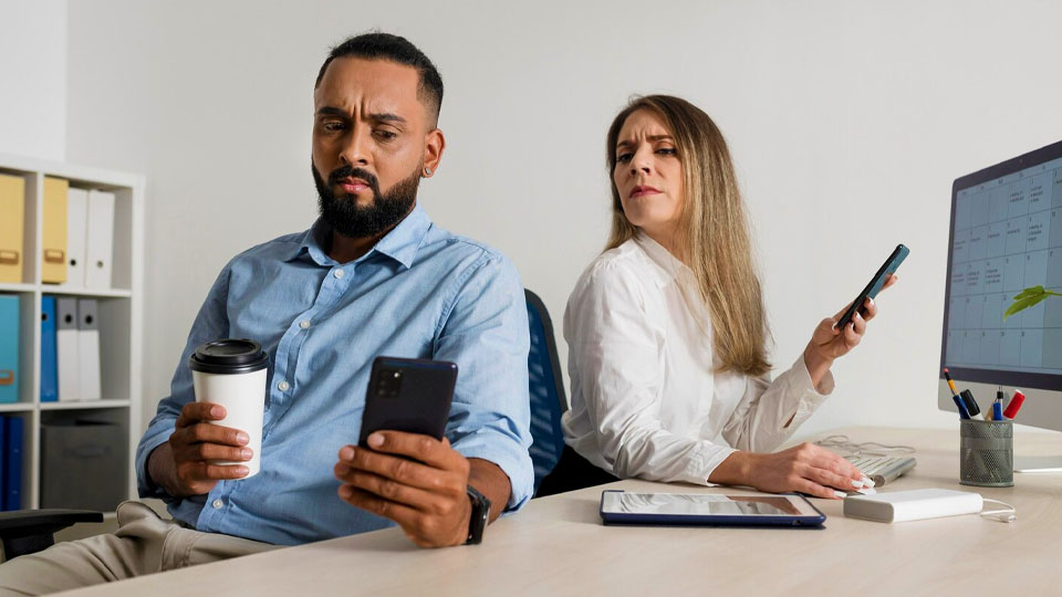 a woman spying on an employee who is using his smartphone at work