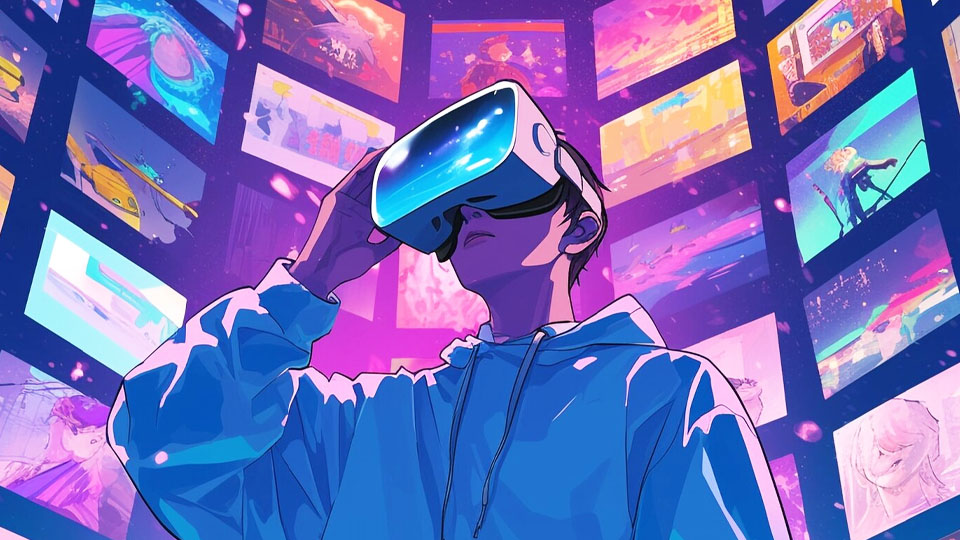 a young anime girl wearing virtual glasses in an anime world