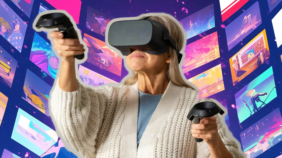 a lady wearing virtual glasses in an anime world