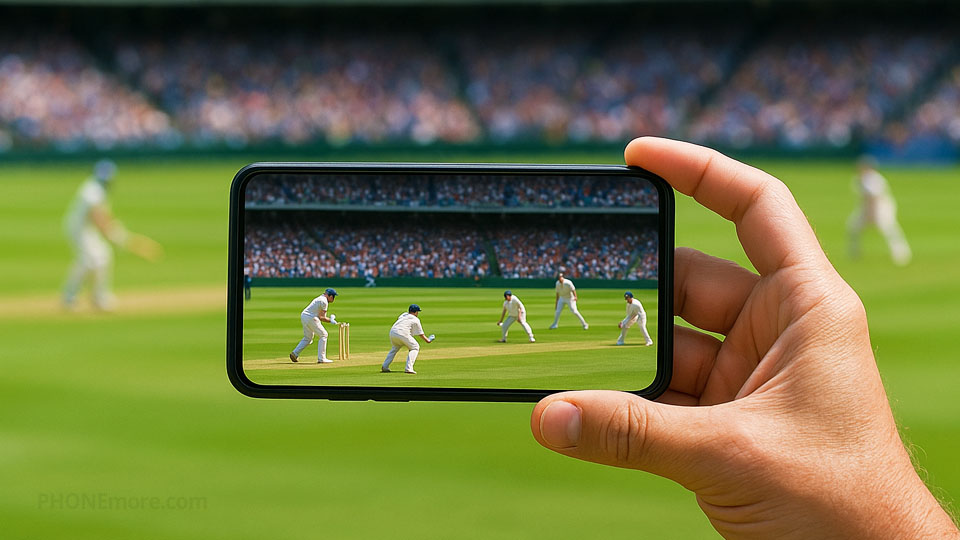 a fan taking a photo of a cricket match at the stadium with a smartphone