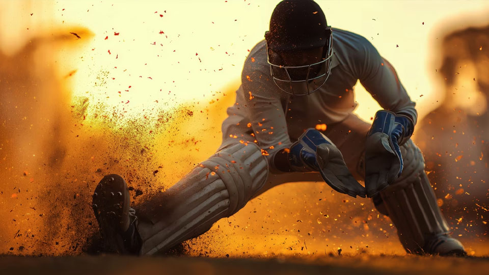 a cricketer struggling to catch a ball in a game