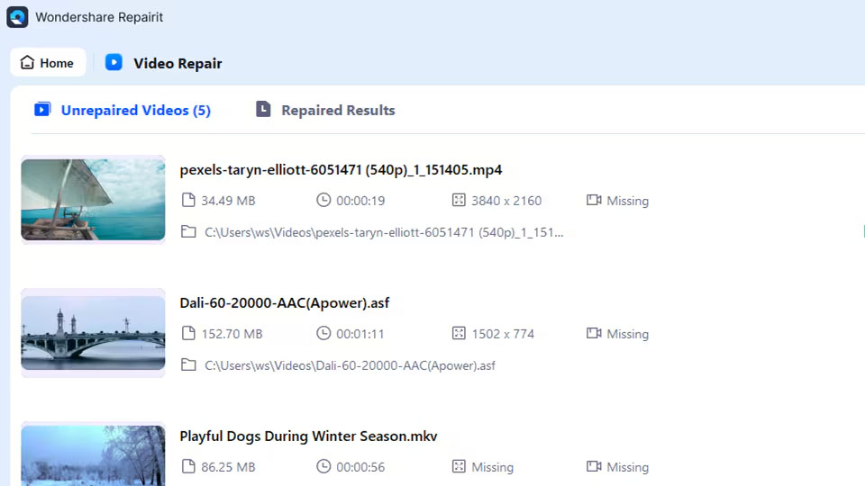 add avi files, click repair button