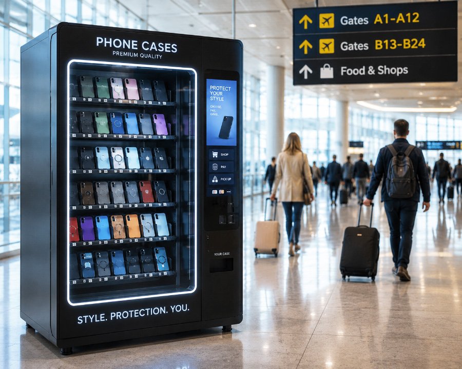 a vending machine selling phone cases at the airport