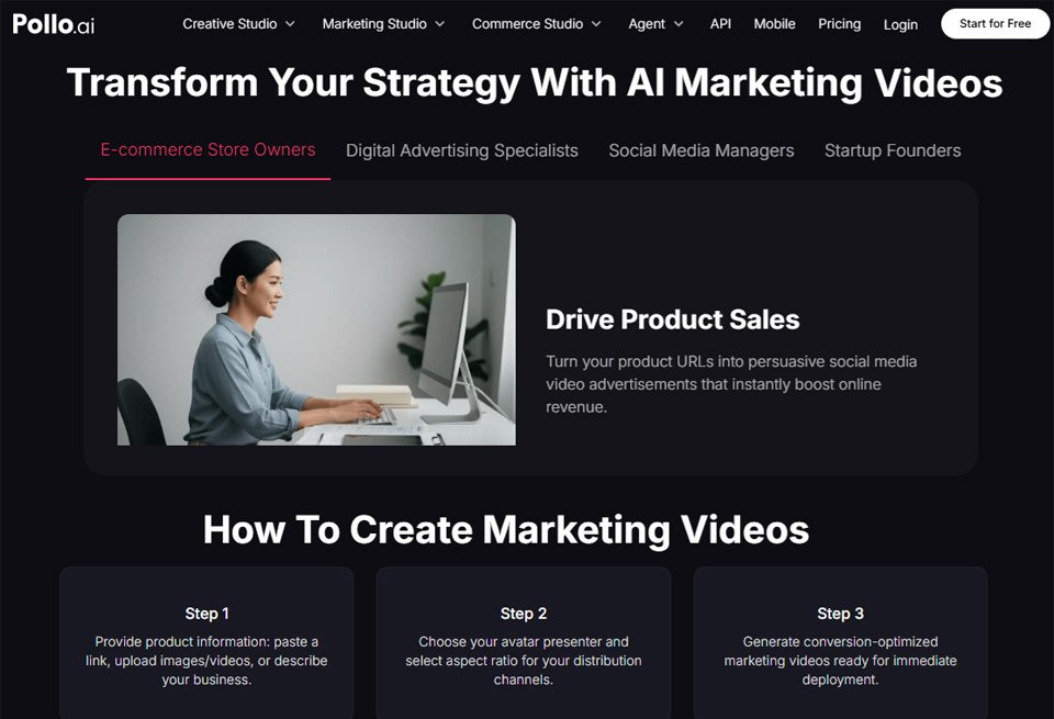 how to create marketing videos page from the website pollo.ai
